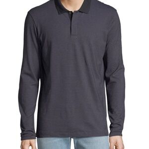 Theory Men’s Gamma Jacquard Polo Shirt Long Sleeved Black Micro Stripe sz L